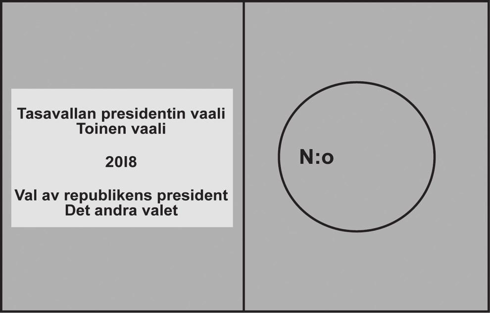 20 Vuoden 2018 presidentinvaalin toisessa vaalissa äänestyslippu on seuraavanlainen: Muut vaaliasiakirjat (vaalikuori ja mahdollinen lähetekirjelomake) annetaan äänestäjälle vasta sitten kun tämä on