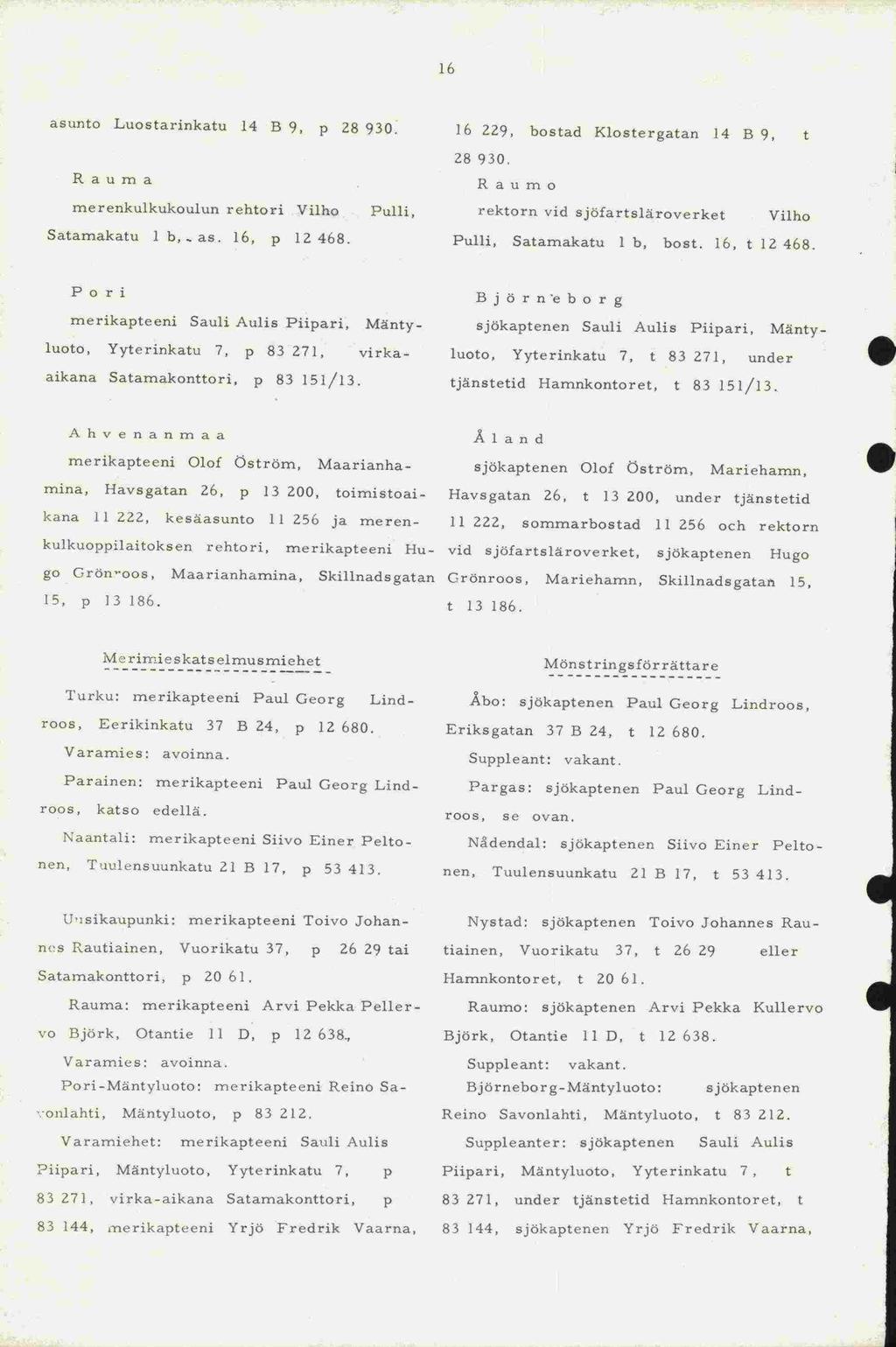 Eriksgatan Björk, Otantie 16 asunto Luostarjnkatu 14 B 9, p 28 930. 16 229, bostad Kiostergatan 14 B 9, t R a u rn a rnerenkullcukoulun rehtori Vilho Satamakatu 1 b,. as. 16, p 12 468. Pulli, 28 930.