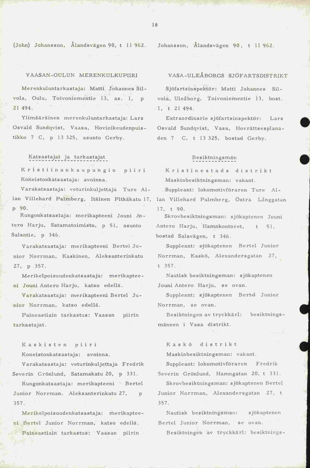 p 90. 18 (John) Johansson, Ålandsvägen9o, t 11962. Johansson, Ålancisvagen 90, t 11962. VAASAN -OULUN MERENKULKUPIIRI Merenkuluntarkastaja: Matti Johannes Sil- vola, Oulu, Toivoniementie 13, as.