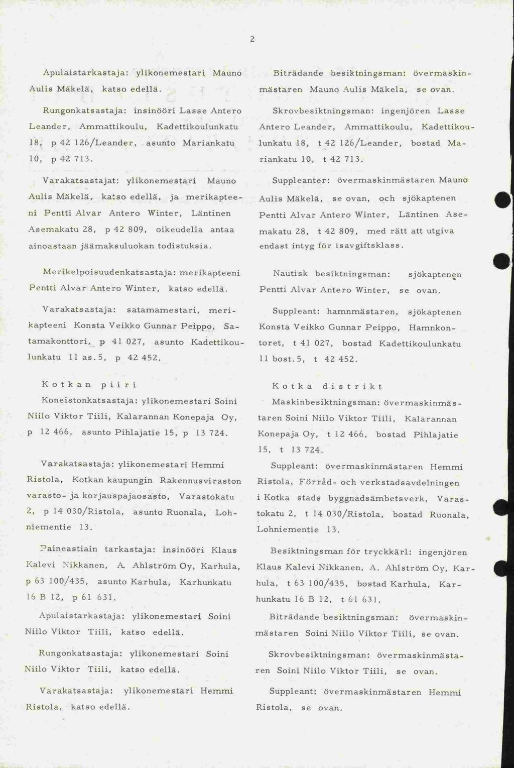 10, p4z 713. p 12 466, p 63 100/435, varasto- 15, t 13 724. -ren Konsta Veikko Ristola, 2 Apulaistarkastaja: ylikonemestari Mauno Aulis Mäkelä, katso edellä.