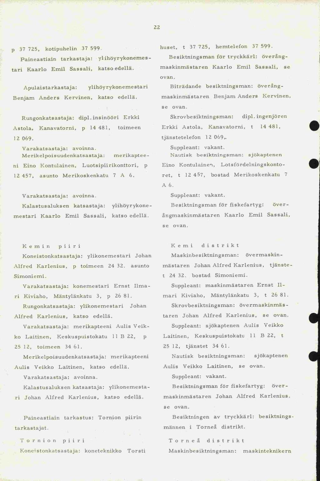 tan mestari Kaarlo tjänstetelefon se ovan. se 22 p 37 725, kotipuhelin 37 599. Paineastiain tarkastaja: yl ihöyrykonemes - Kaarlo Emil Sas sali, katso edellä.