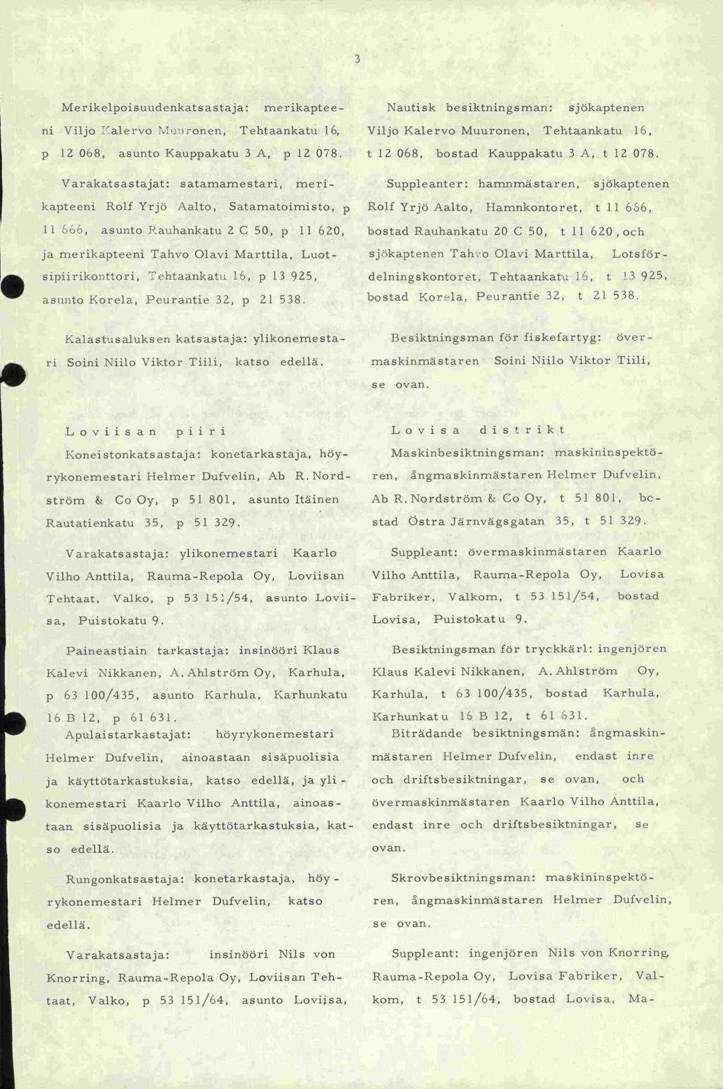 16 B 12, ovan. Klaus 3 Merikelpoisuuderikatsastaja: merikapteeni Viljo Xalervo Muuronen, Tehtaankatu 16, p 12 068, asunto Kauppakatu 3 A, P 12 078.