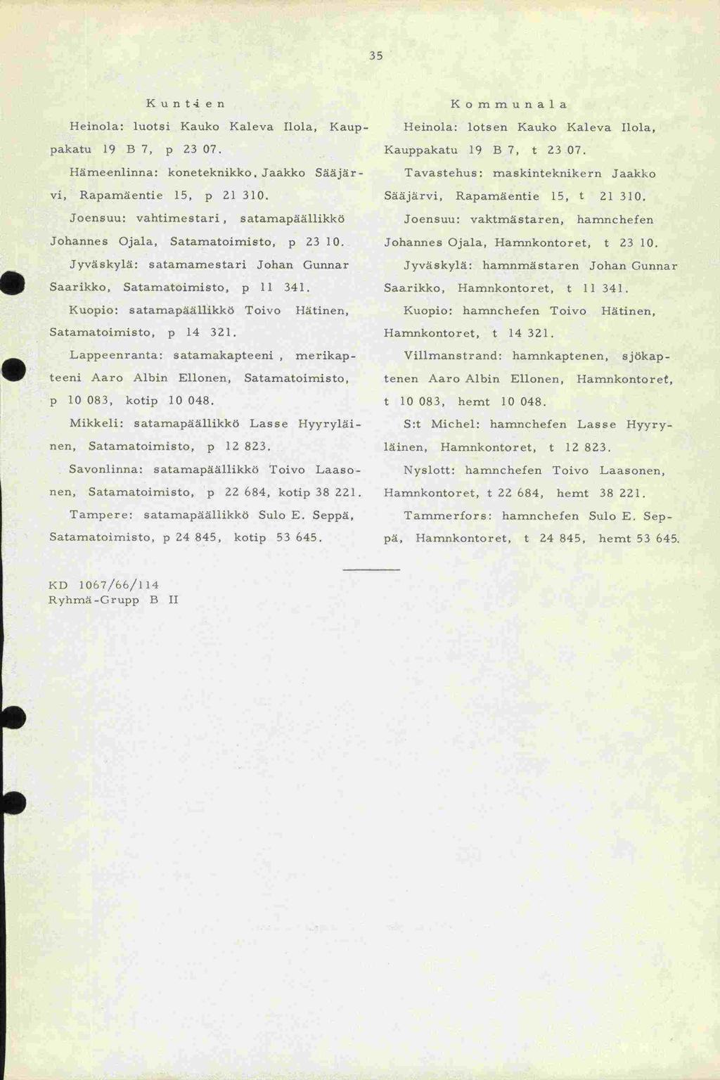Johannes p 10 083, vi, Han Hamnkontoret, t 10 083, 35 Kun t4 e n Heinola: luotsi Kauko Kaleva Ilola, Kauppakatu 19 B 7, p 23 07. Hämeenlinna: koneteknikko. Jaakko Sääjä r - Raparnäentie 15, p 21 310.