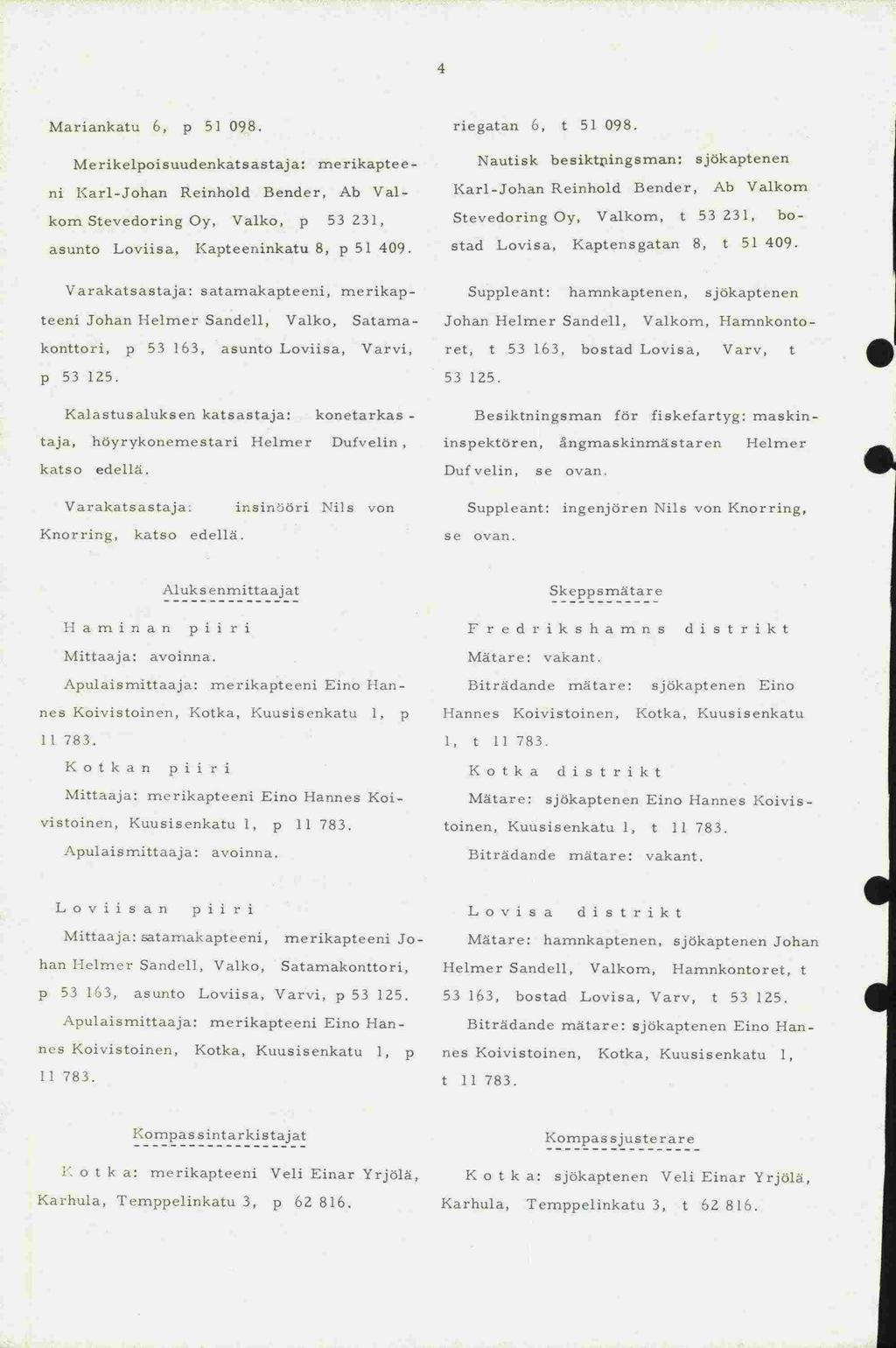 katso edellä. p 53 125. ni han I, t 11 783. 4 Mariankatu 6, p 51 098. Merikelpoisuudenkatsastaja: merikaptee - Kari -Johan Reinhold Bender, Ab Vai - kom Stevedoring Oy, Vaiko, p 53 231, 8, p 51 409.