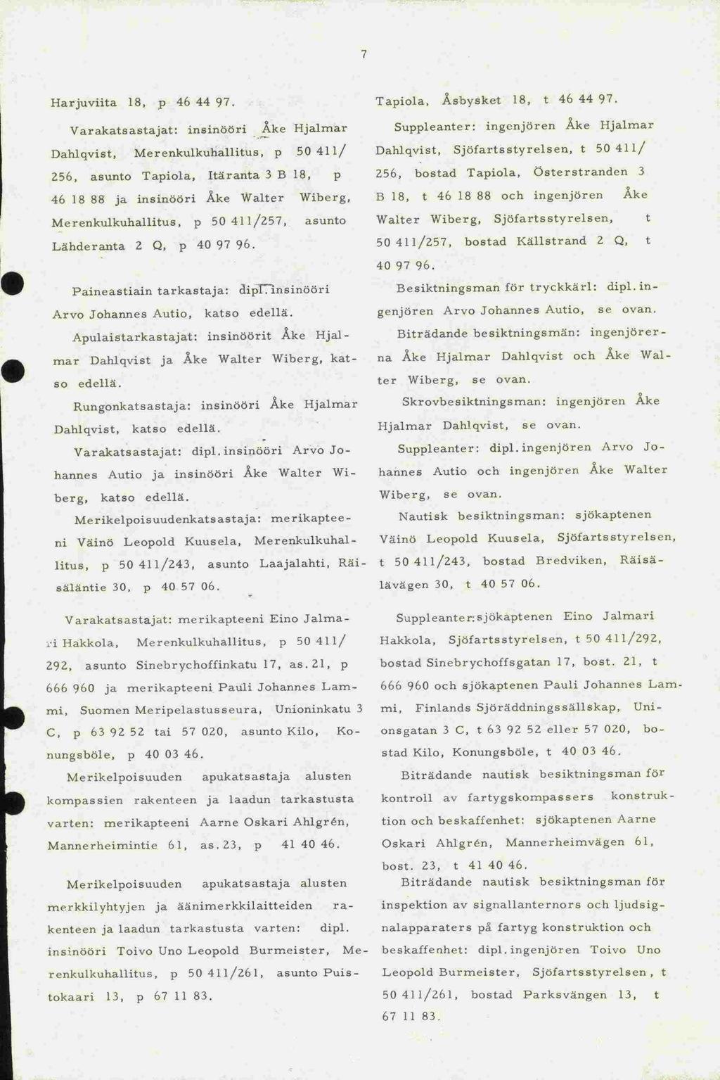 Walter Dahlqvist, Wiberg, t 50 411/243, 7 Harjuviita 18, p 46 44 97.