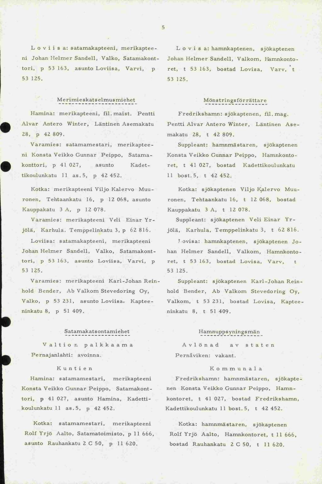 5 L o v i i s a: satamakapteeni, merikaptee- L o v i s a: hamnkaptenen, sjökaptenen ni Johan Helmer Sandell, Vaiko, Satamakont- Johan Helmer Sandell, Vaikom, Hamnkonto - tori, p 53 163, asunto