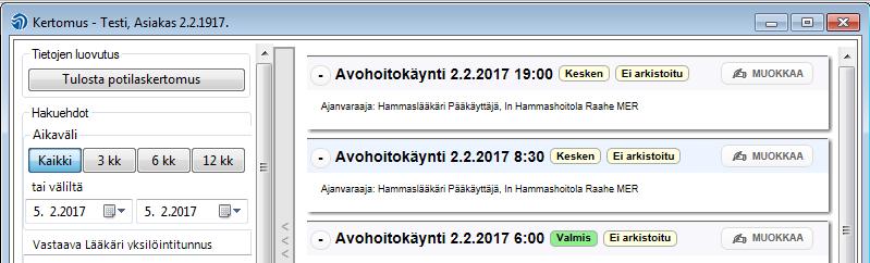 4 / 7 2. POTILASTIETOJEN TULOSTUS JA LUOVUTUS Potilastietojen luovutus aloitetaan kertomus-näkymästä. 1.