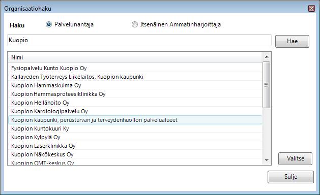 3.1.2. Luovutus toiselle organisaatiolle Mikäli luovutus tehdään toiselle organisaatiolle, valitaan organisaatio hakulistalta. 3.1.3. Tulostus omaan käyttöön Mikäli kertomus tulostetaan organisaation omaan käyttöön, ei luovutusilmoitusta tehdä.