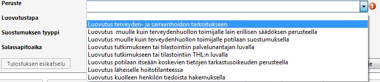 6 / 7 3.2. Luovutusperuste Luovutusilmoituksessa pitää kertoa, mikä on potilaskertomuksen luovutusperuste. Luovutusperuste valitaan viralliselta listalta. 3.3. Luovutustapa Potilaskertomuksen luovutustapa valitaan viralliselta listalta.