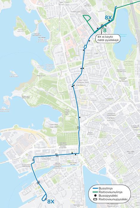 11 Linja 8 Linja 8 liikennöi poikkeusreittiä Mechelininkadun perusparannustyön aikana 3.4. 31.8.2018. Linjan liikenne korvataan bussiliikenteellä reittiosuudella Ooppera Saukonpaasi. Kuva 2.