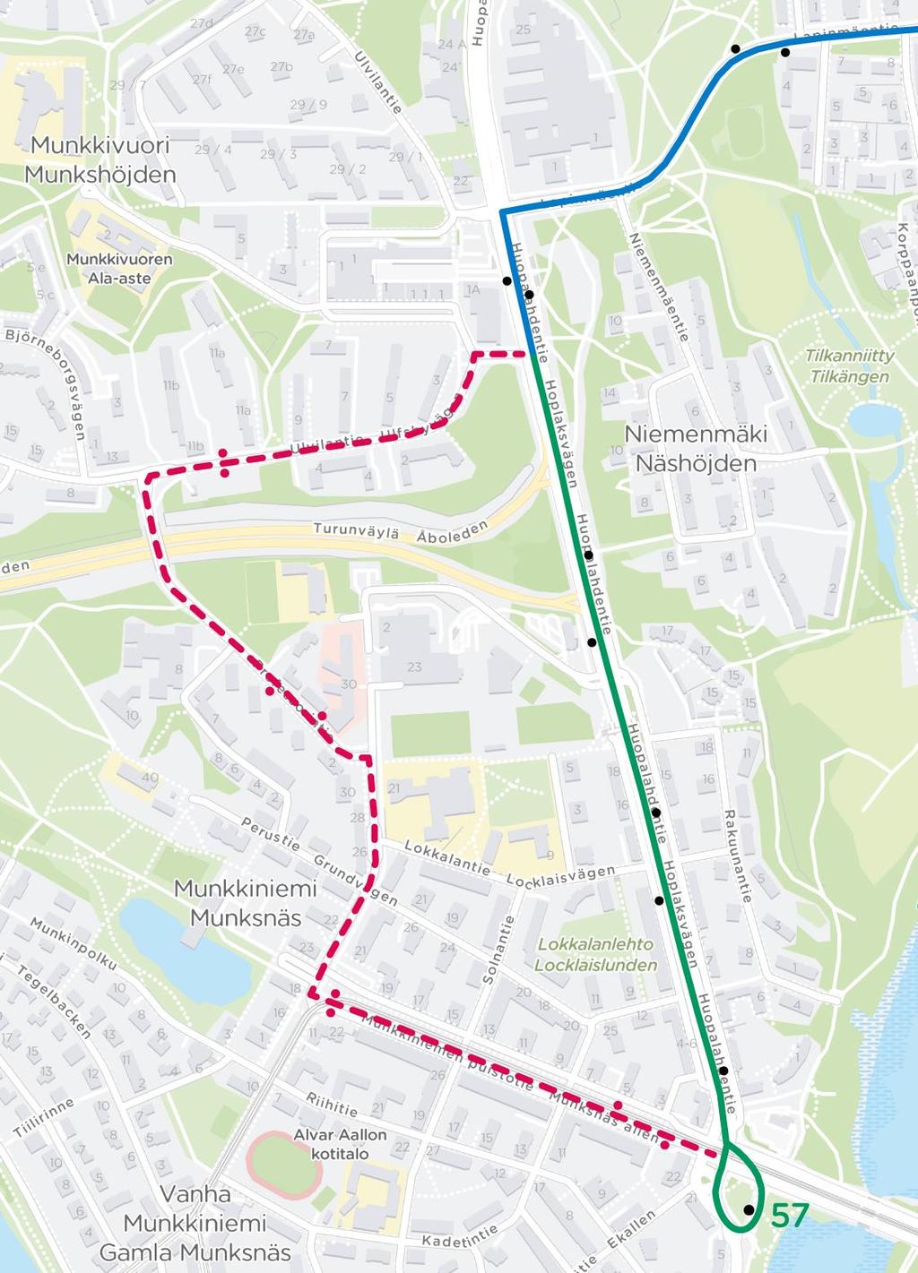 26 Kuva 14. Linjan 57 reittimuutos. Linjat 64 67 Tihennetään linjan 64 arjen päiväliikenteen vuoroväli 20 minuutista 15 minuuttiin syysliikenteen 2018 alusta lähtien.