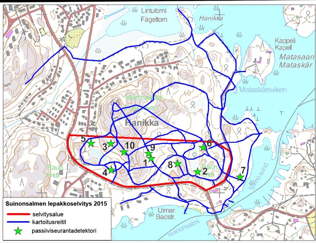 man yleiskuvan saamiseksi kartoituskierroksilla liikuttiin myös selvitysalueen lähiympäristössä (kuva 2). Kartoituskierrokset aloitettiin noin 45 minuuttia auringonlaskun jälkeen.