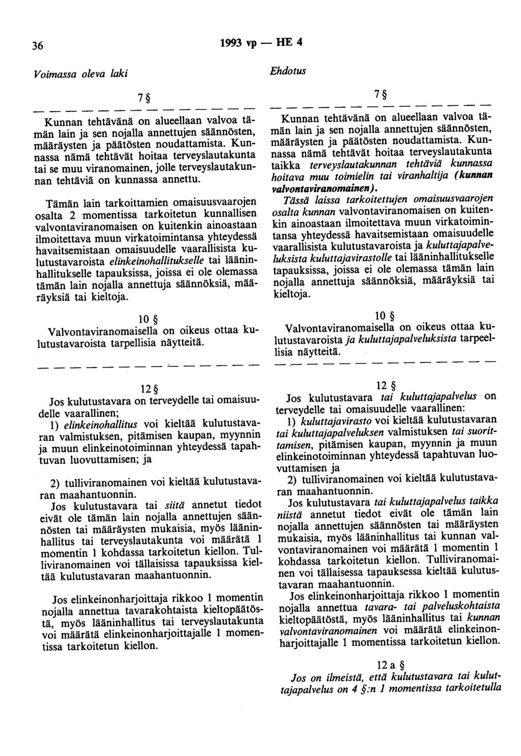 36 1993 vp- HE 4 Voimassa oleva laki Ehdotus 7 Kunnan tehtävänä on alueellaan valvoa tämän lain ja sen nojalla annettujen säännösten, määräysten ja päätösten noudattamista.