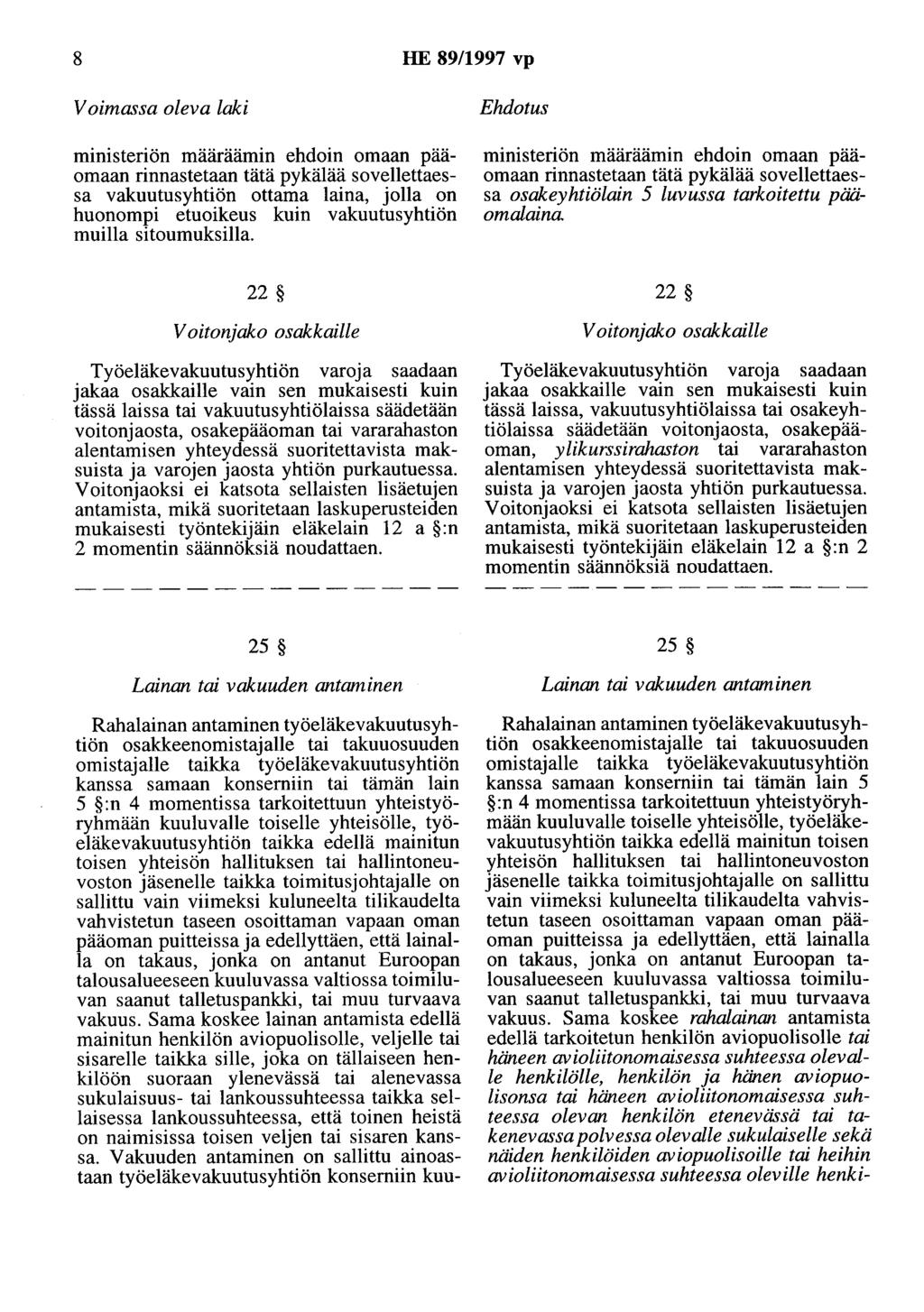 8 HE 89/1997 vp Voimassa oleva laki ministeriön määräämin ehdoin omaan paaomaan rinnastetaan tätä pykälää sovellettaessa vakuutusyhtiön ottama laina, jolla on huonompi etuoikeus kuin vakuutusyhtiön