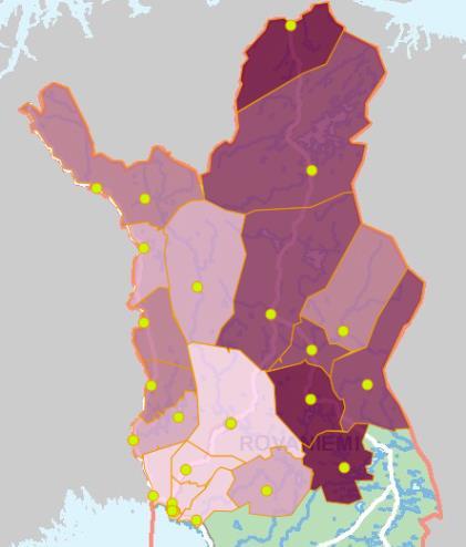 9 Vastaanottopalvelut Perusterveydenhuollon vastaanottopalveluissa suuria kunnittaisia kustannuseroja Lapin alueella (kuva) Kemijärvellä