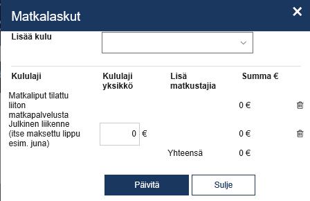 korvaus (0,42 /km), sitten päivitä Tai Matkaliput matkapalvelusta, jolloin kuluja ei sinulle ole tullut Itsemaksetut liput muu julkinen