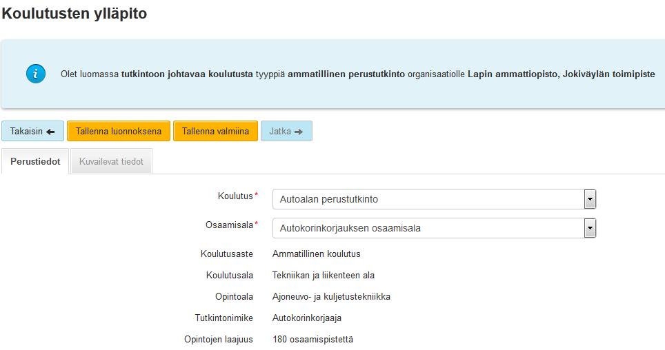 Koulutuksen ja hakukohteen voi julkaista koulutus- tai hakukohdelistauksesta painamalla koulutuksen tai hakukohteen nimen edessä olev valikkokuvaketta (1.),