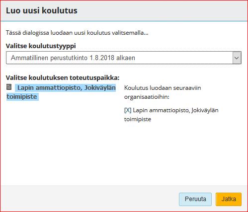 ) koulutuksen. Tämän jälkeen valitse ikkunan alaosasta organisaatio, johon koulutus kopioidaan tai siirretään (2.). "Kopioi"-painiketta tyyppi painamalla "Ammatillinen koulutus kopioituu ja ruudulle avautuu koulutuksen luontilomake, joka on esitäytetty siirretyn tai kopioidun koulutuksen tiedoilla.