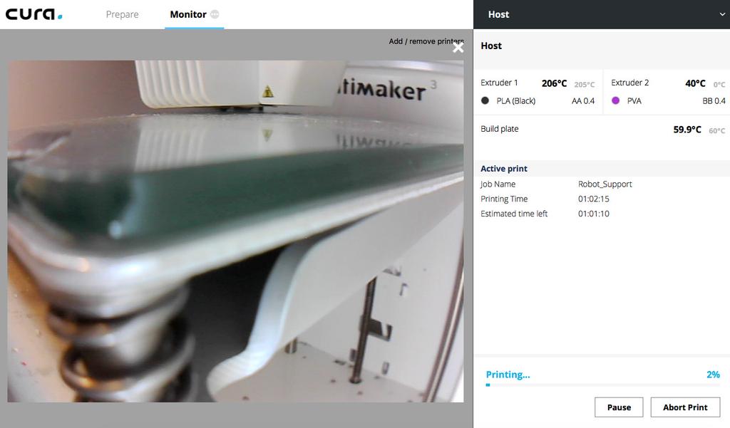 2.2 Ultimaker Curan Monitor-välilehti Voit valvoa ryhmän kaikkia tulostimia Ultimaker Curan Monitor-välilehden kautta (Kuva 5). Kaikki ryhmään liitetyt tulostimet näkyvät tässä luettelossa.