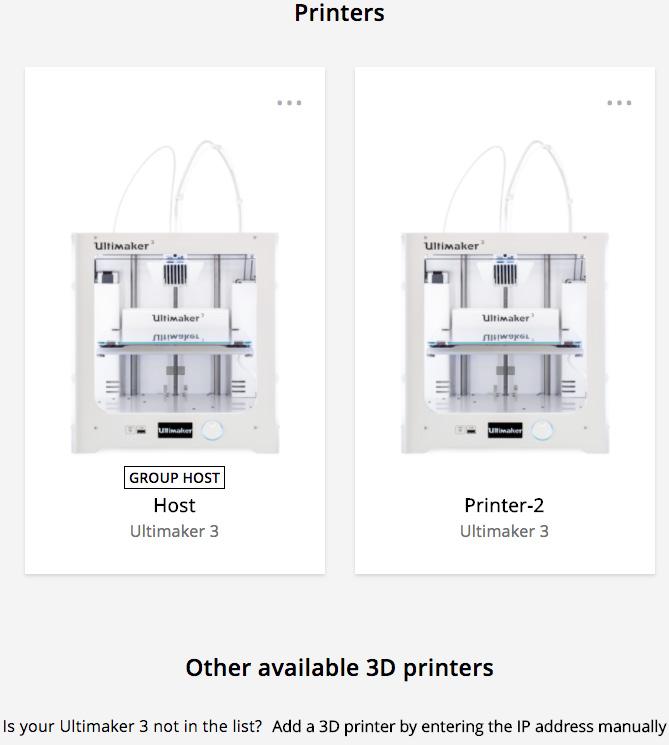 2.4 Ryhmän tulostimien valvonta Voit hallita Cura Connect -ryhmään kuuluvia tulostimia napsauttamalla selaimen Printers (Tulostimet) -välilehteä.