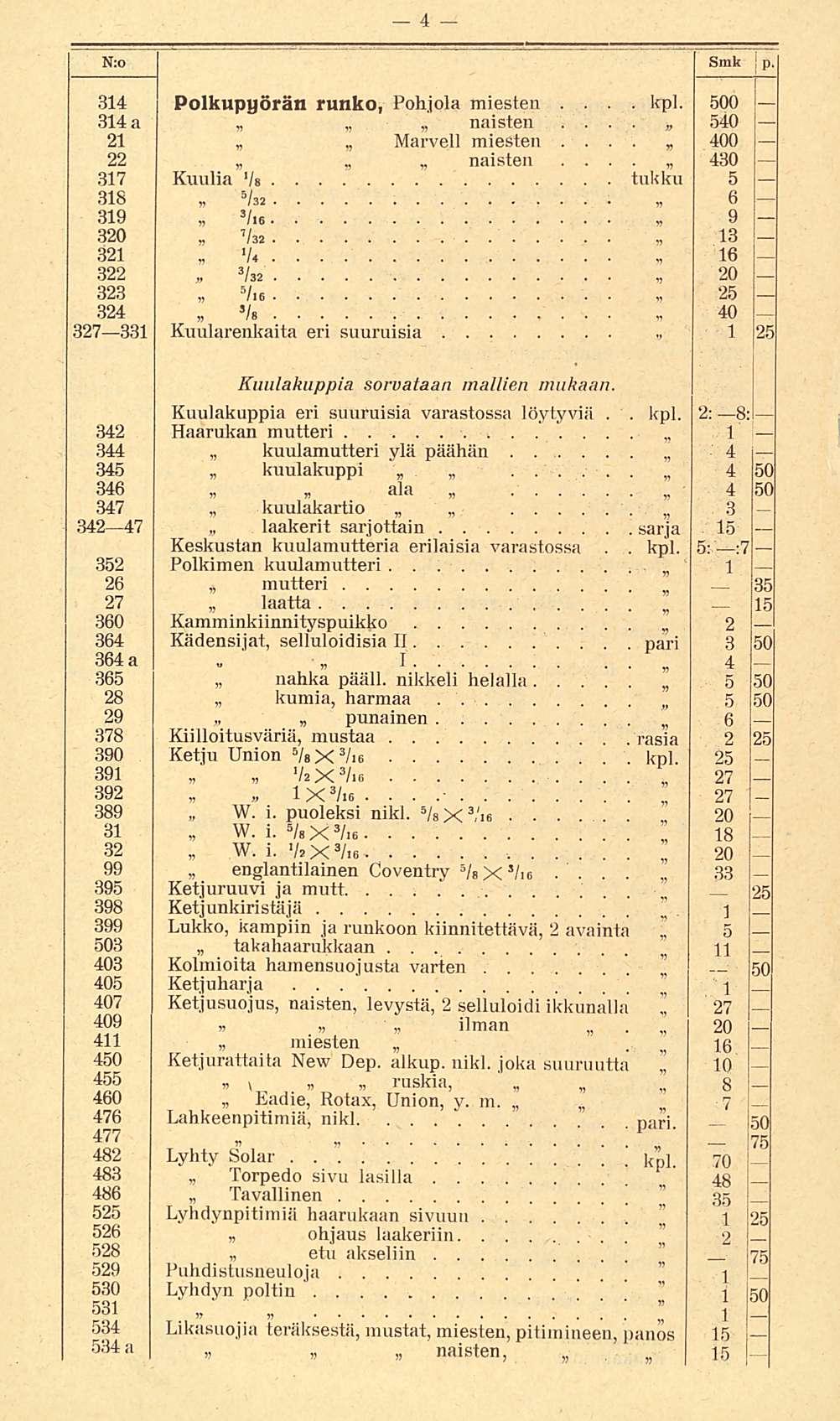 W pari kpl kpl * N:o Smk jp 314 314 Polkupyörän runko Pohjola miesten naisten 0 540 a 21 Marvell miesten 400 22 naisten 430 ~ 317 Kuulia /s tukku 5 318 / 32 6 319 3 /i6 9 320 / 32 13 321 V4 16 3 / 32