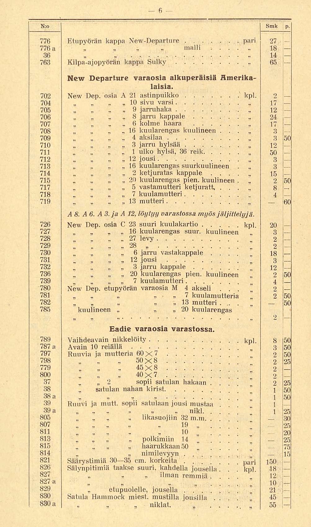 27 pari 19 nimilevyyn " " N:o Smk p 776 Etupyöriin kappa NewDeparture 27 776 a malli 18 36 ' 14 763 Kilpaajopyörän kappa Sulky 65 j New Departurc varaosia alkuperäisiä Äraerikalaisia 702 704 New Dep