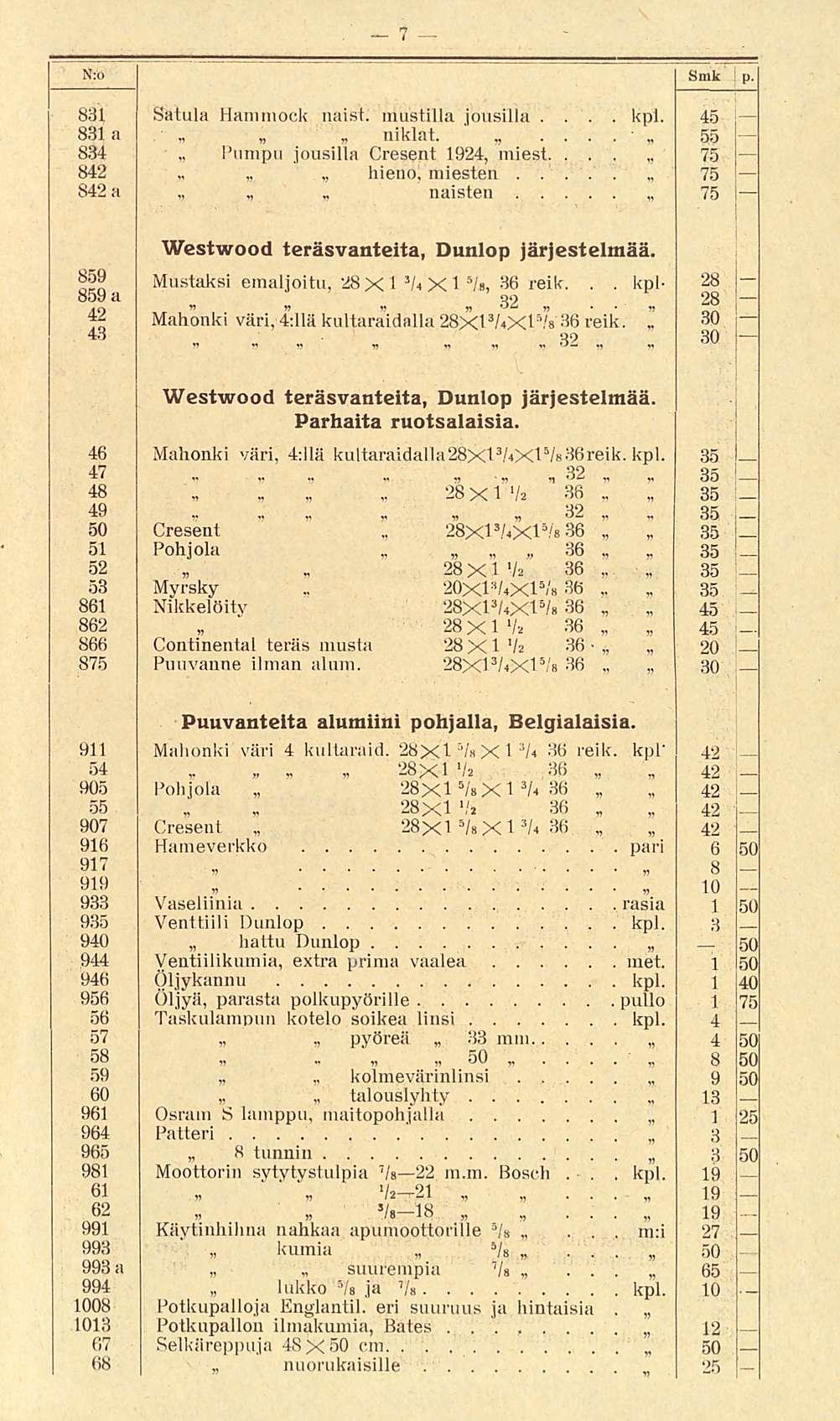 nuorukaisille " 20xl kpl 35 N;ö Smk i p 831 Satula Hammock naisi mustilla jousilla 45 831 a niklat ' 55 834 Pumpu jousilla Cresent 1924 mies!