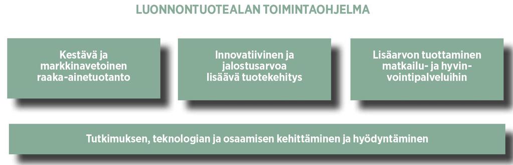 Luonnontuotealan toimintaohjelma Visio vuodelle 2020: Suomessa on vahvan yhteisen kehittämistyön tuloksena monipuolista, luonnontuotteita kotimaan ja kansainvälisille markkinoille jalostavaa