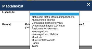 Valitse Matkalaskut kohta Lisää kulu: Oma auto kirjoita kululajin yksikkökohtaan kilometrit edestakaisin (0,24 /km) ja päivitä tai Verovapaa kilometrikorvaus (oma auto) kirjoita kululajiin