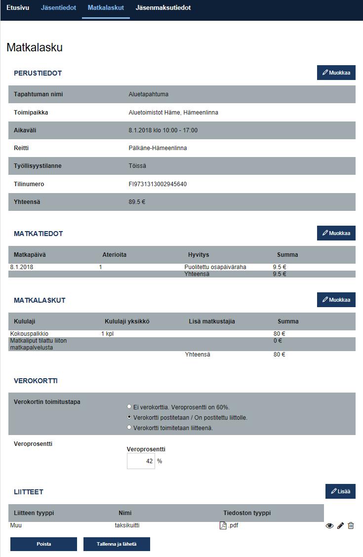 Matkalasku palautuu yhteenvetoon ja jos vielä liitteitä pitää lisätä, niin alareunassa on Liitteet-kohta (siellä on myös kuvakkeet katsele/muokkaa/poista) Liitteen