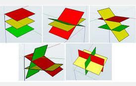 3x3 yhtälöryhmä geometrisesti - Kukin yhtälöistä ax + b y + c z = d esittää tasoa 3D avaruudessa. - Yhtälöryhmän ratkaisu on kolmen tason leikkauspiste.