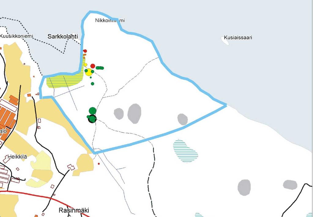 Kuva 7. Liito-oravan papanahavainnot Imatran Sarkkolahdessa (sininen rajaus) vuonna 2006.