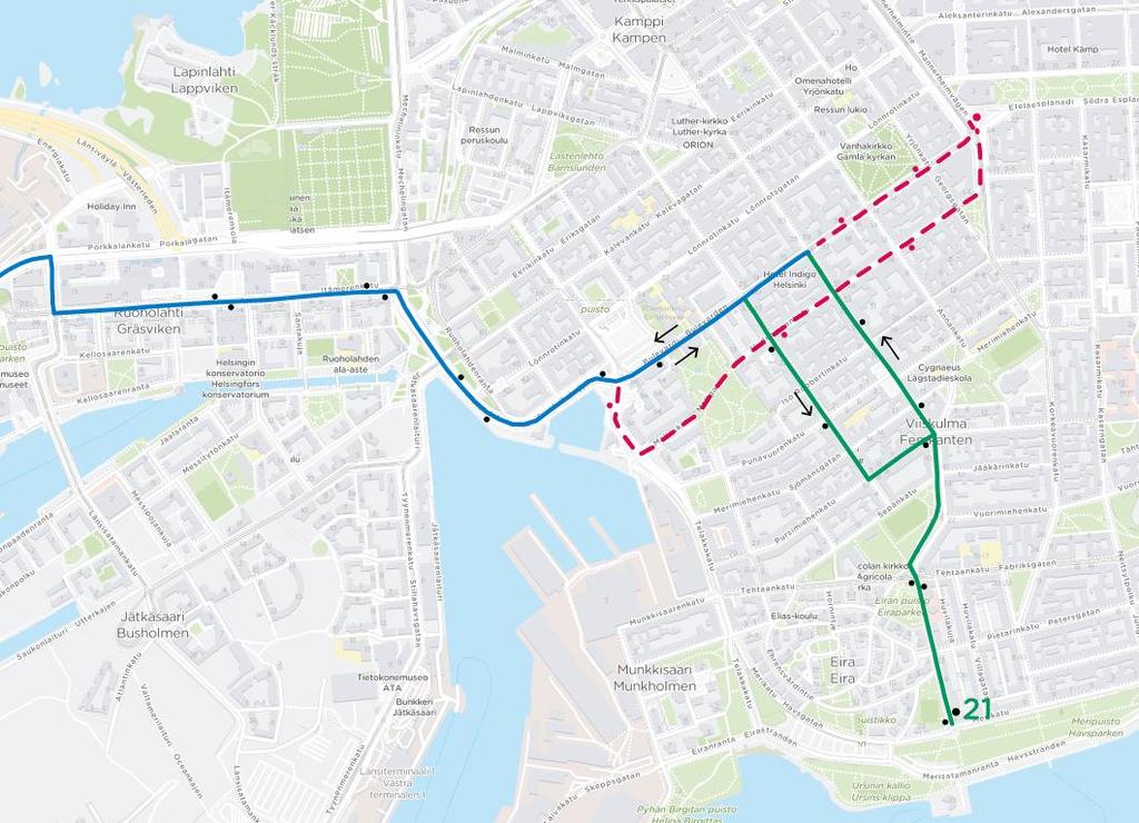 13 Kuva 8. Linjan 21 reittimuutos. Linja 26 Lähibussilinjan 26 liikennöinti päättyy kesäliikennekauden 2018 jälkeen, jolloin linjojen 50 ja 59 päätepysäkki siirtyy Kalasataman alueelle.