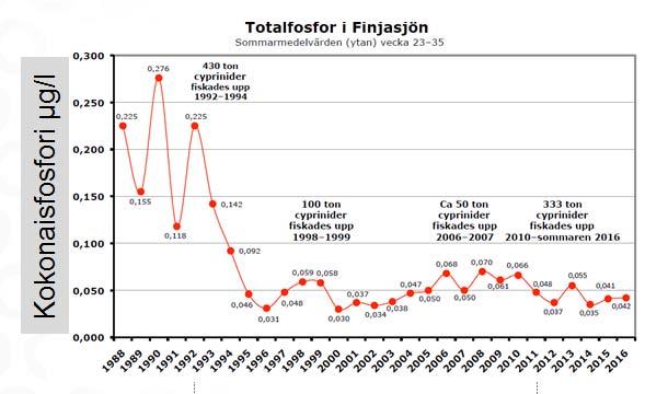 Finjasjön kokonaisfosfori ja klorofylli-a 1988-2016