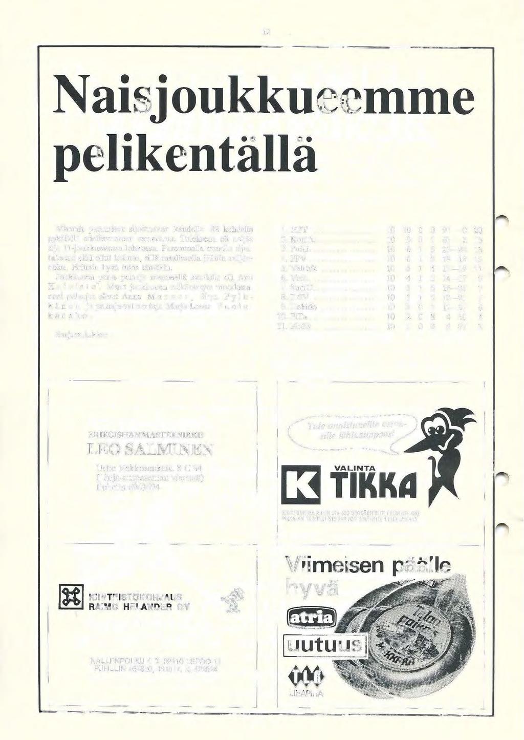 12 N aisjoukkueemme pelikentällä Mimmit paransivat sijoitustaan kaudella -82 kahdella pykälällä edellisvuoteen verrattuna. Tuloksena oli neljäs sija 11-joukkueisessa lohkossa.