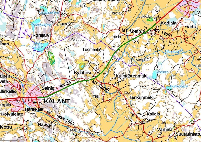 5 (20) Kuva 2. Suunnittelukohde merkittynä maastokartalle vihreällä viivalla (maanmittauslaitoksen karttaaineisto) Nykyinen tieverkko Kantatie 43 on Uudenkaupungin ja Laitilan välinen päätie.