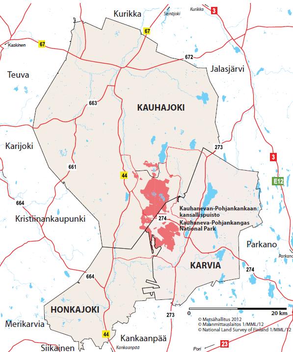 Kuva 3. Kauhanevan Pohjankankaan kansallispuisto ja tätä tutkimusta varten määritelty lähialue.