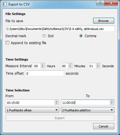 3.11 CSV-tiedostoon tallennus Kuvassa 3.9 esitetty Export to CSV -ikkuna avataan Activity Graph -välilehdellä (katso kuva 3.