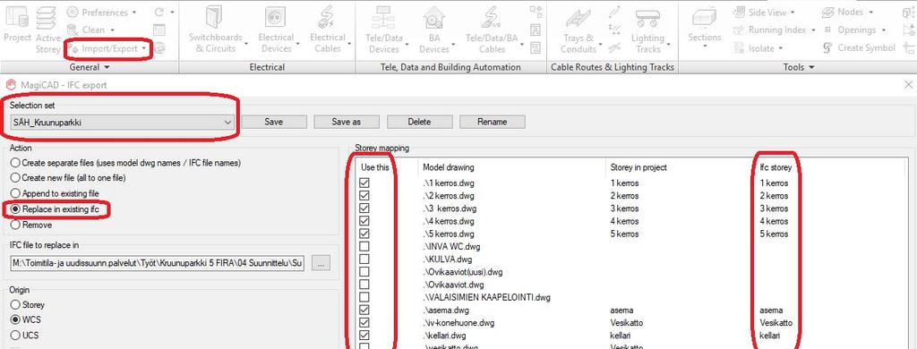 34 3.8 IFC-tiedoston luominen Ennen IFC-tiedoston ajamista tasokuvista on syytä tarkistaa, että kaikki halutut tasokuvat löytyvät Model drawings -luettelosta.