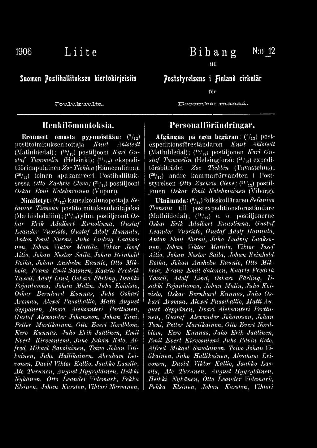 postiljoonit Oskar Erik Adalbert Runolinna, Gustaf Leander Vuoristo, Gustaf Adolf Hannula, Anton Emil Nurmi, Juho Ludvig Laaksonen, Johan Viktor Mattila, Viktor Josef Aitio, Johan Nestor Säilä, Johan