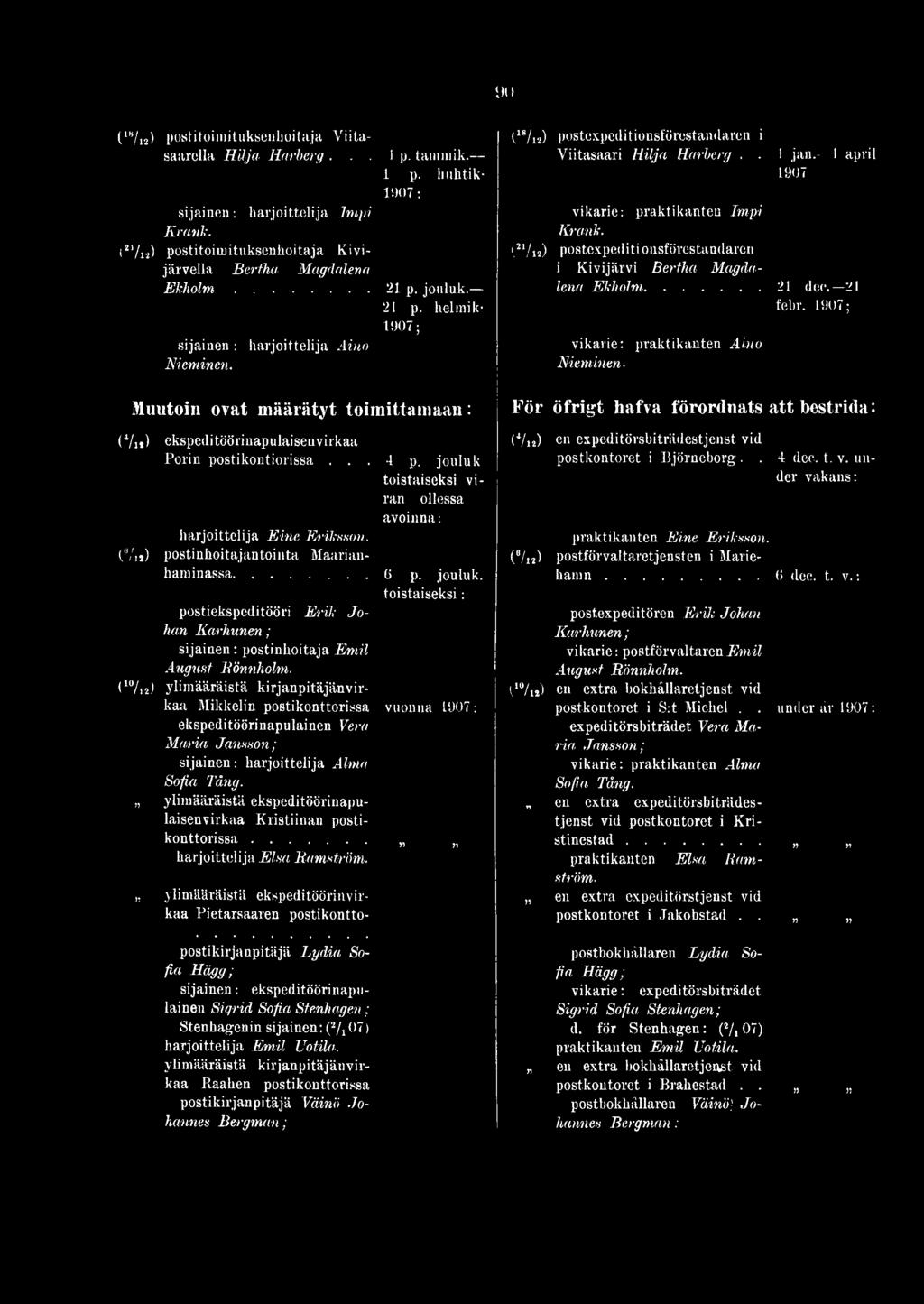 (I0/ 12) ylimääräistä kirjanpitäjänvirkaa Mikkelin postikonttorissa vuonna 1907: ekspeditöörinapulainen Vera Maria Jansson; sijainen: harjoittelija Alma Sofia Tång.