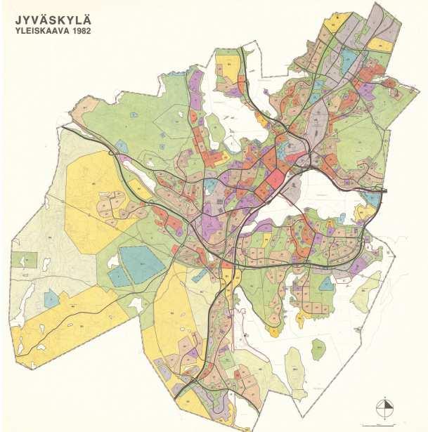 Kuva 7. Tie- ja katuverkko Jyväskylän yleiskaavassa 1982 Rantaväyläsuunnitelma hyväksyttiin kaupungissa vuonna 1977 ja TVL:ssä 1978.