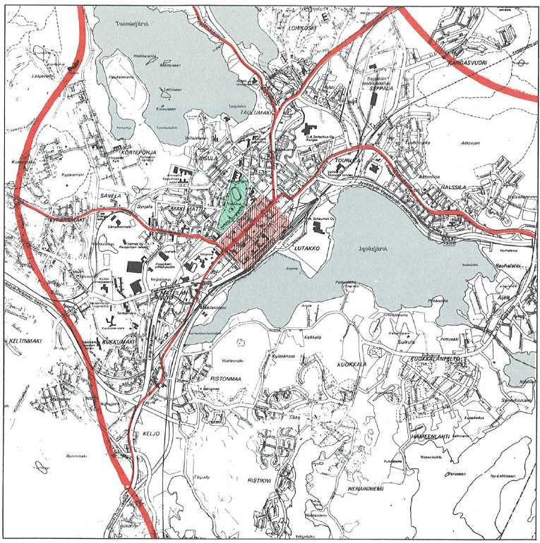 Kuva 1. Jyväskylän ydinkeskustan ohittavat läntisen ja itäisen kiertotien linjaukset vuoden 1951 suunnitelman mukaan (Hujanen 1989).