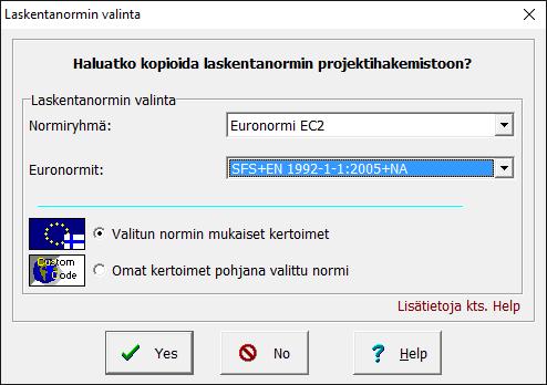 Tämä tehdään valikolla Tiedosto/Projektikansio, joka avaa kuvan 9. Ensiksi luodaan kansio, jolloin kysytään kansioon kopioitava laskentanormi.