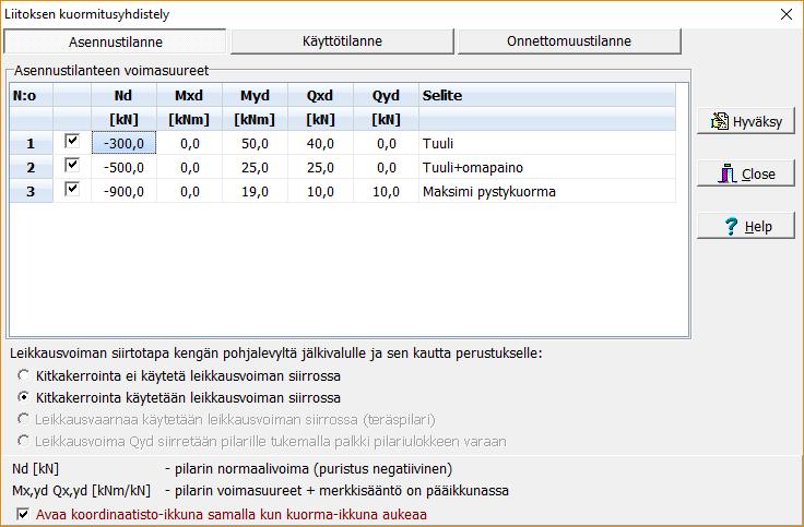 19 5.3.3 Liitoksen laskentavoimat Liitoksen laskentavoimat annetaan neljässä mitoitustilanteessa. Kuva 14