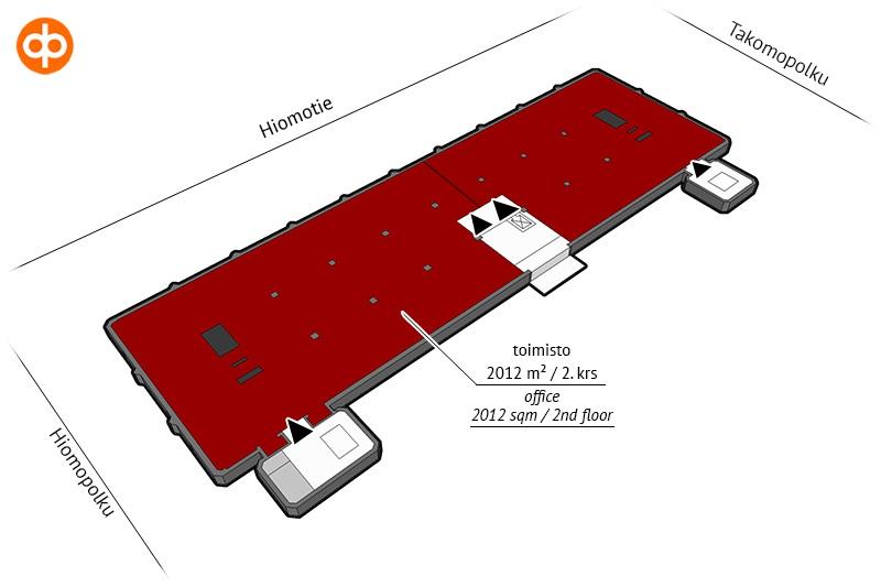 Vuokrattavat toimitilat Toimisto 2012 m² / 2. krs Moderni ja muuntojoustava toimistotila kiinteistön toisessa kerroksessa.