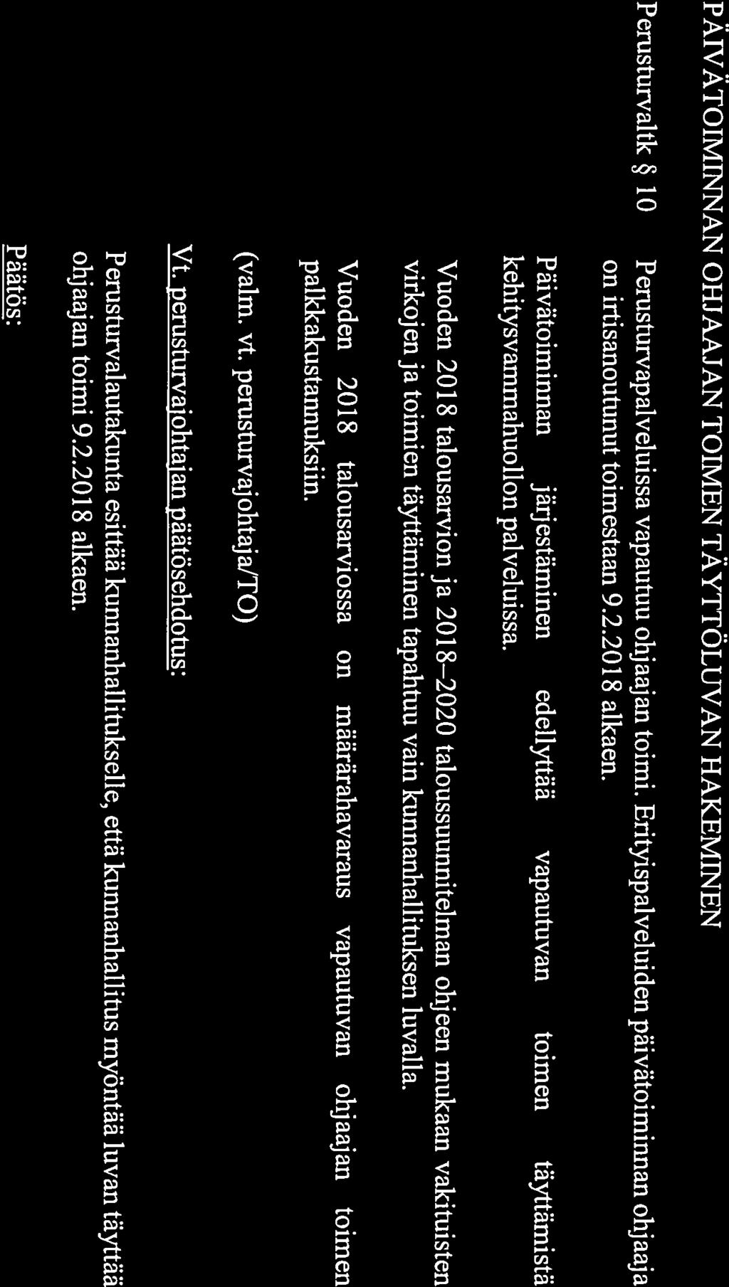 Viranomainen Kokouspåivämäärä Sivu Perusturvalautakunta 18.1.2018 14 PÄIVÄTOIMINNAN OHJAAJAN TOIMEN TÄYTTÖLUVAN HAKEMINEN Perusturvaltk 10 Perusturvapalveluissa vapautuu ohjaajan toimi.