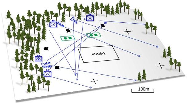 146 Kuva 80 Esimerkki jääkärijoukkueen ryhmityksestä torjuttaessa maahanlaskua Epäsuorantulen maalit paikannetaan todennäköisille maahanlaskupaikoille.