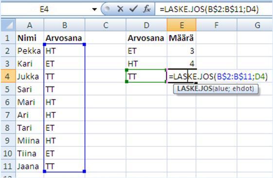 LASKE.JOS COUNTIF Funktio laskee ehdon täyttävien rivien lukumäärän 6.2.