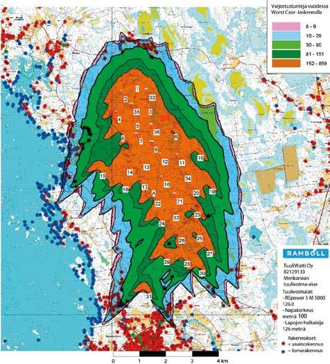 19.5.2 Varjostus Tuulivoimaloiden todellinen varjostusvaikutus (vähintään 8 tuntia vuodessa) ulottuu hankealueella noin 500-1 000 metrin etäisyydelle hankealueen uloimpien tuulivoimaloiden